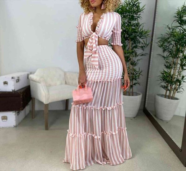 half sleeve ruffles tie womens tracksuits up crop and maxi skirt set two piece elegant dress suits, Gray
half sleeve ruffles tie womens tracksuits up crop and maxi skirt set two piece elegant dress suits, Gray