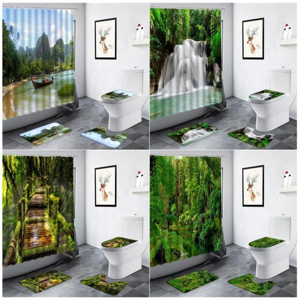 shower curtains tropical forest waterfall curtain green plants trees rural scenery bathroom decor carpet non-slip rug toilet bath mat set 
shower curtains tropical forest waterfall curtain green plants trees rural scenery bathroom decor carpet non-slip rug toilet bath mat set