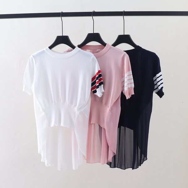 t shirt summer tb british style four bar front short back long ice silk splicing chiffon round neck sleeve top, White
t shirt summer tb british style four bar front short back long ice silk splicing chiffon round neck sleeve top, White