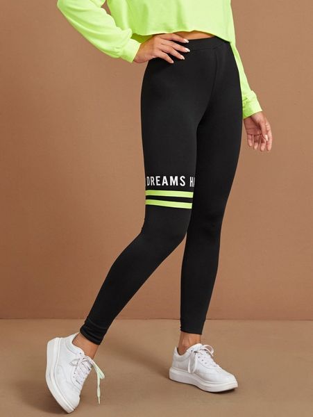 slogan graphic neon striped leggings x1ej#, Black 
slogan graphic neon striped leggings x1ej#, Black