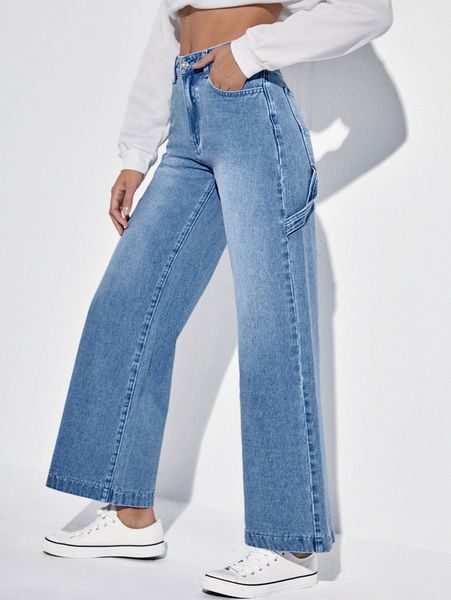 high waisted zip up wide leg jeans w2fe#, Blue