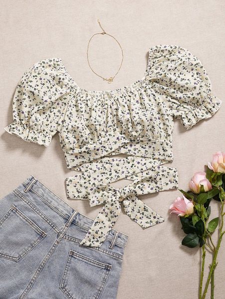 ditsy floral lace up waist puff sleeve w8gl#, White
