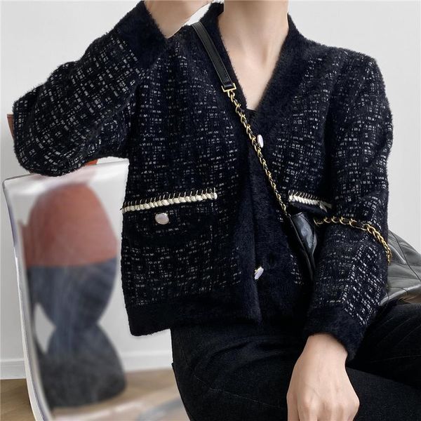 women's knits & tees lmq 2021 little fragrant wind black gold color sweater jacket women korean style seahorse hair splicing knitted ca, White
women's knits & tees lmq 2021 little fragrant wind black gold color sweater jacket women korean style seahorse hair splicing knitted ca, White