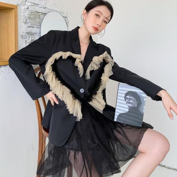 women's suits & blazers 2021 autumn women black net yarn personality stitching blazer female arrivals long sleeve loose outwear s1588, White;black
women's suits & blazers 2021 autumn women black net yarn personality stitching blazer female arrivals long sleeve loose outwear s1588, White;black