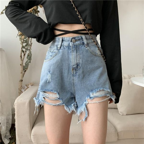 

women's jeans denim shorts female summer fashion loose high waist net red wearing a hole showing thin leg women short, Blue