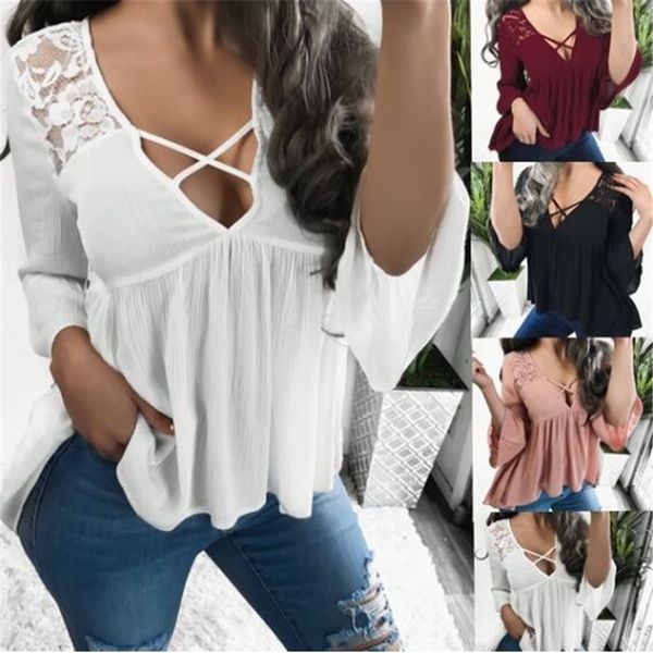 women's long sleeve solid color v-neck cross lace women's t-shirt, White
women's long sleeve solid color v-neck cross lace women's t-shirt, White