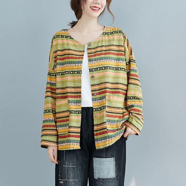 women's jackets women cotton linen casual arrival 2021 autumn vintage style colorful striped loose female outerwear coats s2568, Black;brown
women's jackets women cotton linen casual arrival 2021 autumn vintage style colorful striped loose female outerwear coats s2568, Black;brown