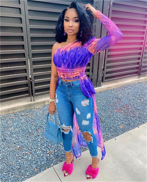 women's t-shirt tie dyed mesh tshirt fashion one shoulder long sleeve slim asymmetrical women designers clothes, White
women's t-shirt tie dyed mesh tshirt fashion one shoulder long sleeve slim asymmetrical women designers clothes, White