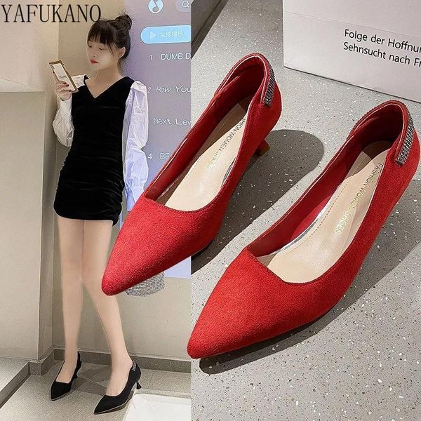 Dress Shoes Black Red Suede Party High Heels Womens Stiletto Pointed Toe Rhinestone Single Elegant Work 5Cm Mid-Heel Lady Pumps