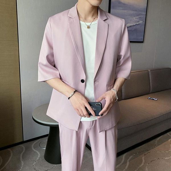 men's suits & blazers pink 2021 summer short sleeeves 2 piece mens beige blue korea style streetwear modern clothing for young men, White;black
men's suits & blazers pink 2021 summer short sleeeves 2 piece mens beige blue korea style streetwear modern clothing for young men, White;black