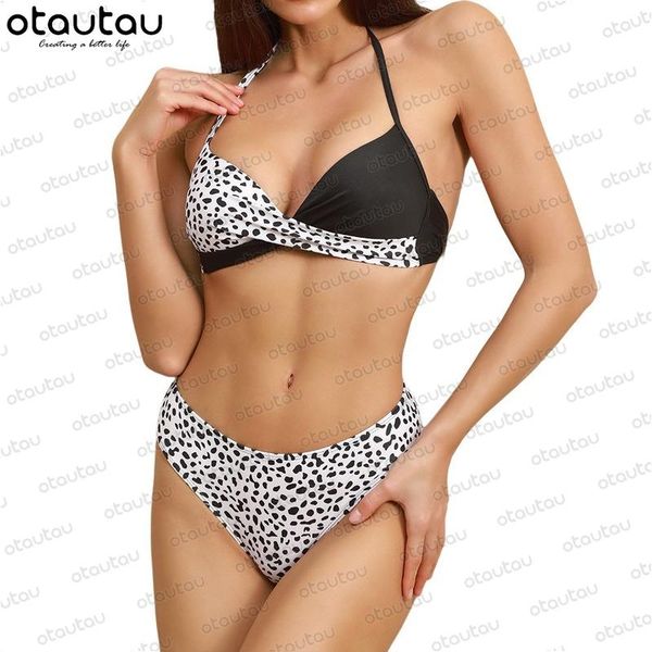 women's swimwear 2021 bikinis set separate swimsuit 2 piece printing two-color stitching high waist, White;black