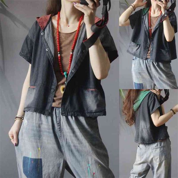 summer arts style women short sleeve loose coats cotton denim casual hooded jaket femme vintage jackets m205 210512, Black;brown
summer arts style women short sleeve loose coats cotton denim casual hooded jaket femme vintage jackets m205 210512, Black;brown