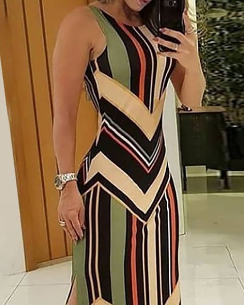 colorful striped print side slit maxi dress women colorblock sleeveless slim long dresses, Black;gray
colorful striped print side slit maxi dress women colorblock sleeveless slim long dresses, Black;gray
