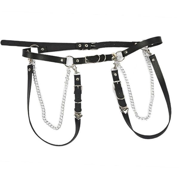 belts style woman punk gothic faux leather belt metal chain ring waist strap street dance decorate, Black;brown