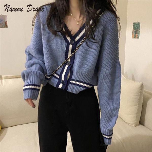 women's knits & tees korean chic autumn loose short v neck lazy long sleeve striped sweater women coat clothes thick warm crop cardigan, White 
women's knits & tees korean chic autumn loose short v neck lazy long sleeve striped sweater women coat clothes thick warm crop cardigan, White