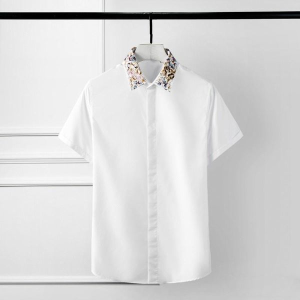 men's dress shirts mens summer short sleeve vintage floral embroidery collar business man work formal shirt black white slim fit, White;black
men's dress shirts mens summer short sleeve vintage floral embroidery collar business man work formal shirt black white slim fit, White;black