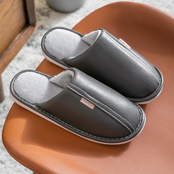 female slippers waterproof leather velvet fur womens indoor couple soft home large size ladies shoes, Black