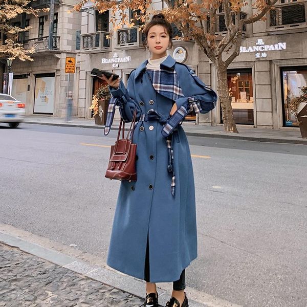 women's wool & blends female jacket autumn winter plaid splicing over knee loose slimming mid-length casual thickened warm woolen coat, Black
women's wool & blends female jacket autumn winter plaid splicing over knee loose slimming mid-length casual thickened warm woolen coat, Black