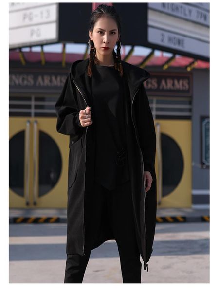 women's wool & blends autumn/winter zipper long hooded coat symmetrical pocket design loose fashion trend, Black
women's wool & blends autumn/winter zipper long hooded coat symmetrical pocket design loose fashion trend, Black