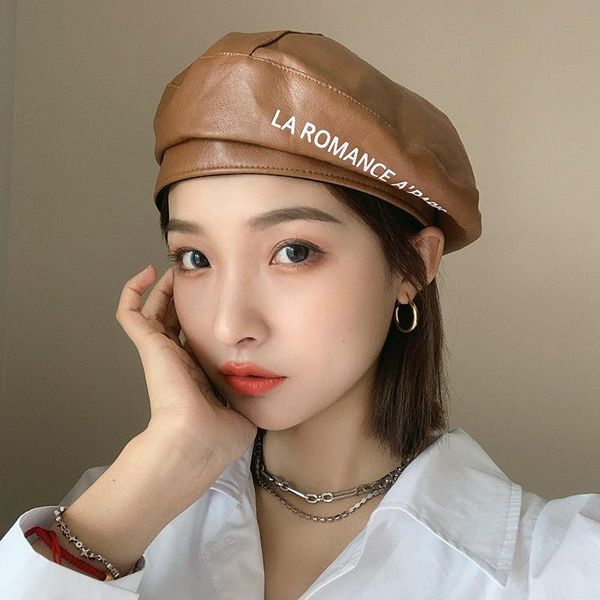 berets hat female autumn and winter pu leather beret korean version of the tide ins japanese wild british retro letter painter, Blue;gray
berets hat female autumn and winter pu leather beret korean version of the tide ins japanese wild british retro letter painter, Blue;gray
