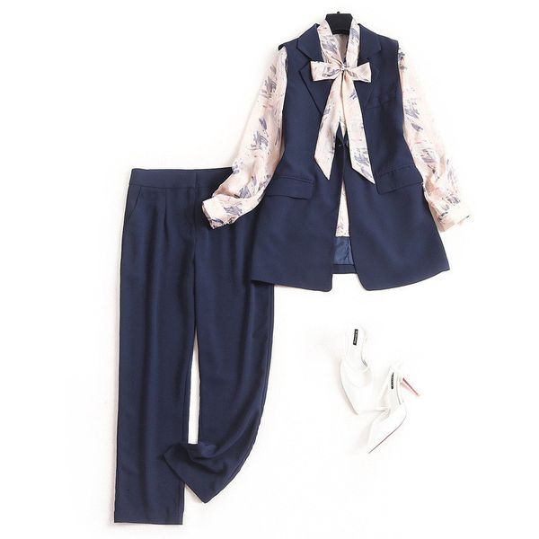 short elegant lady office 3 female spring designer bow neck print shirt + vest suit pants, White;black
short elegant lady office 3 female spring designer bow neck print shirt + vest suit pants, White;black