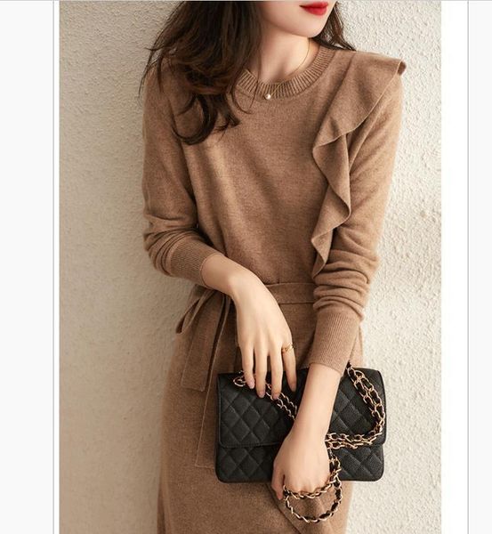 casual dresses 2021 autumn medium length round neck knitted dress ruffled lace elegant temperament slim women sweater with belt, Black;gray
casual dresses 2021 autumn medium length round neck knitted dress ruffled lace elegant temperament slim women sweater with belt, Black;gray