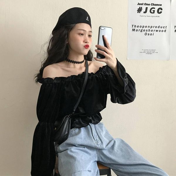 women's blouses & shirts vintage clothing fashion slash neck off shoulder crop velour flare sleeve female autumn winter, White
women's blouses & shirts vintage clothing fashion slash neck off shoulder crop velour flare sleeve female autumn winter, White