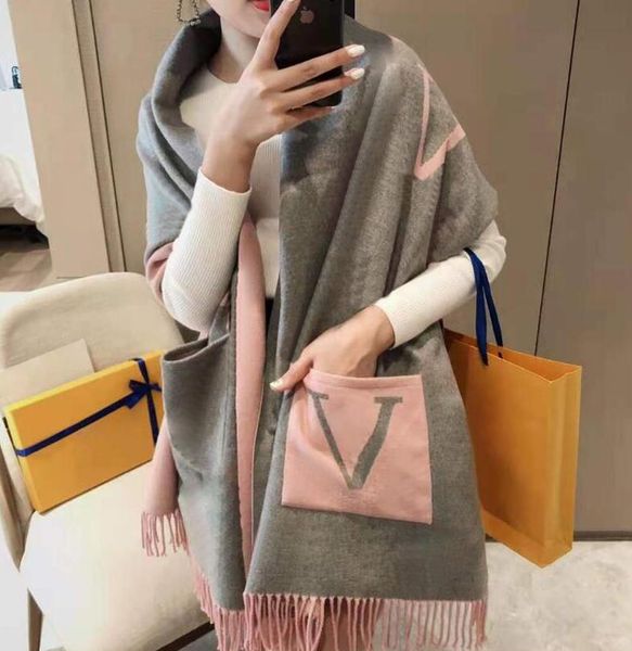 Image of Fashion Designer Scarf with Geometric Patterns Winter Letters Print Cashmere Scarves for Women Warm Plaid Cotton Shawl Wraps