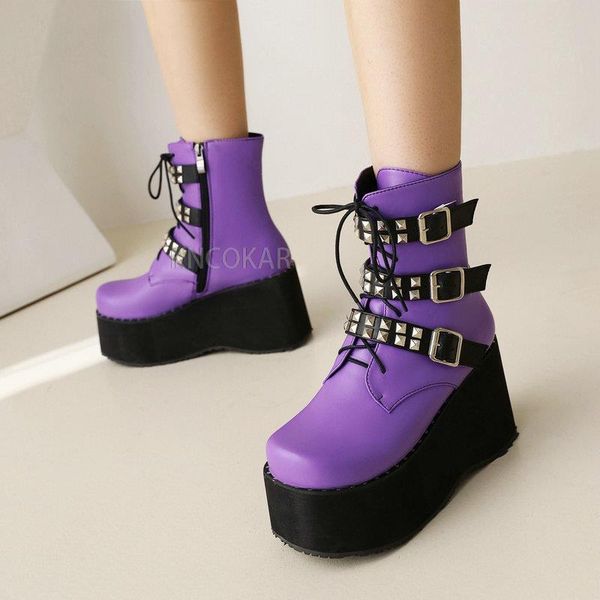boots autumn and winter punk style women's short round toe wedges with rivet belt buckle, Black
boots autumn and winter punk style women's short round toe wedges with rivet belt buckle, Black
