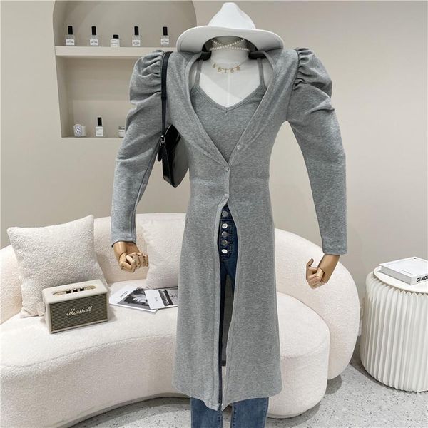 women's spring summer 2021 niche design fashion super long over knee puff sleeve cardigan + v-neck suspender vest bottoming trench coat, Tan;black
women's spring summer 2021 niche design fashion super long over knee puff sleeve cardigan + v-neck suspender vest bottoming trench coat, Tan;black