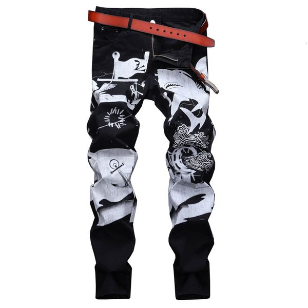 men's jeans shark white painting printed black jeans fashion painted slim straight pants 3par, Blue
men's jeans shark white painting printed black jeans fashion painted slim straight pants 3par, Blue