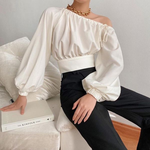 women's t-shirt oblique shoulder white lace up elastic waist ruched crop lantern long sleeve fashion shirt spring autumn
women's t-shirt oblique shoulder white lace up elastic waist ruched crop lantern long sleeve fashion shirt spring autumn