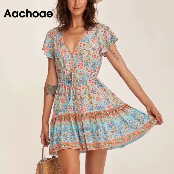 women v neck boho beach dresses summer a line chic mini dress short sleeve elastic waist casual sundress robe femme 210413, Black;gray
women v neck boho beach dresses summer a line chic mini dress short sleeve elastic waist casual sundress robe femme 210413, Black;gray