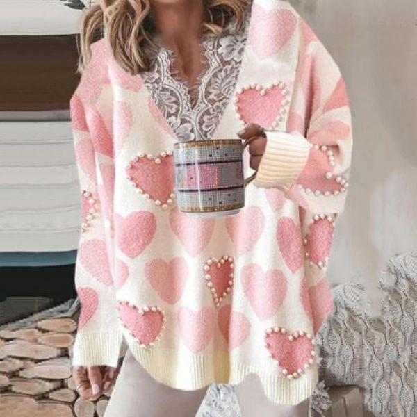 women's sweaters soft women sweater v neck spring autumn lace patchwork oversized heart print lady for daily wear, White;black
women's sweaters soft women sweater v neck spring autumn lace patchwork oversized heart print lady for daily wear, White;black