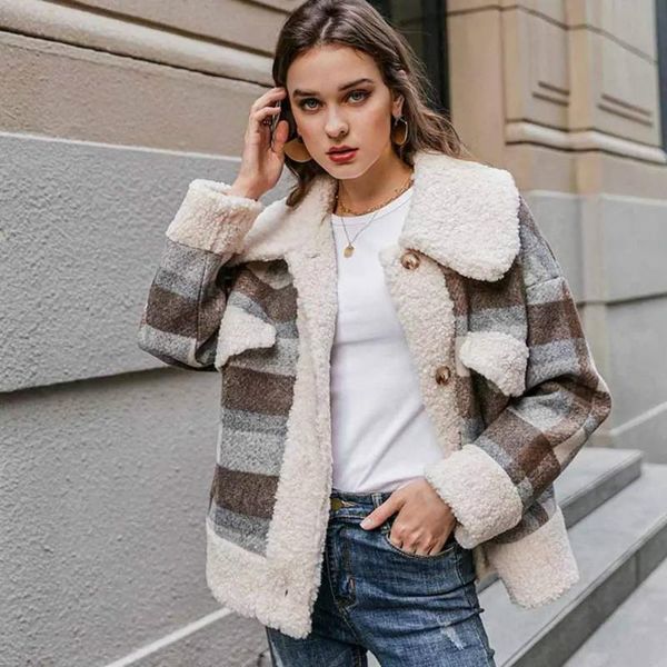 women's wool & blends 2021 vintage plaid jacket lamb coat women thicken warm casual loose fleece jackets coats with pocket spring autum, Black
women's wool & blends 2021 vintage plaid jacket lamb coat women thicken warm casual loose fleece jackets coats with pocket spring autum, Black