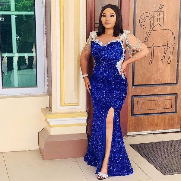 royal blue sequined plus size prom dresses aso ebi long sleeves side split mermaid evening gowns african women party vestidos tassels, Black
royal blue sequined plus size prom dresses aso ebi long sleeves side split mermaid evening gowns african women party vestidos tassels, Black