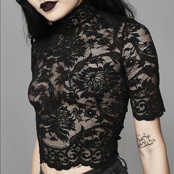 women's t-shirt black lace see through mesh hollow out t-shirts hole patchwork crop solid gothic transparent embroidery t shirt, White
women's t-shirt black lace see through mesh hollow out t-shirts hole patchwork crop solid gothic transparent embroidery t shirt, White