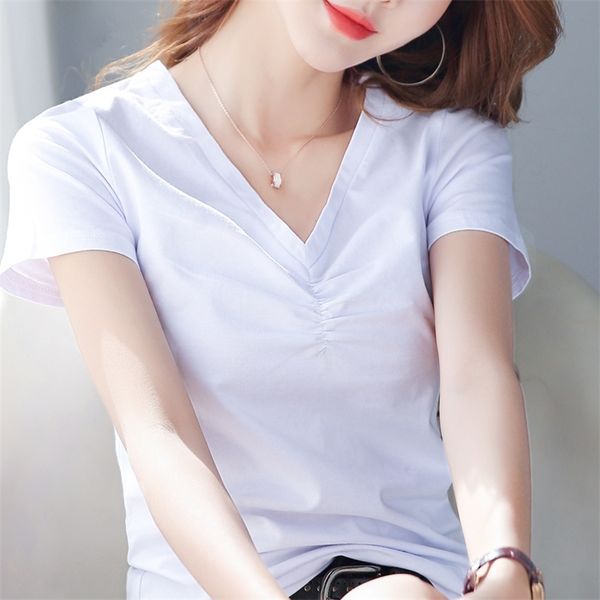 women solid color basic cotton t shirt short sleeve v neck folds tees ladies casual loose tee oversize t s 210507, White
women solid color basic cotton t shirt short sleeve v neck folds tees ladies casual loose tee oversize t s 210507, White