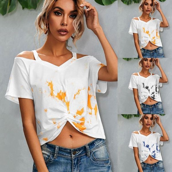 women's t-shirt women short sleeve off the shoulder strap tie-dye printing loose, White
women's t-shirt women short sleeve off the shoulder strap tie-dye printing loose, White