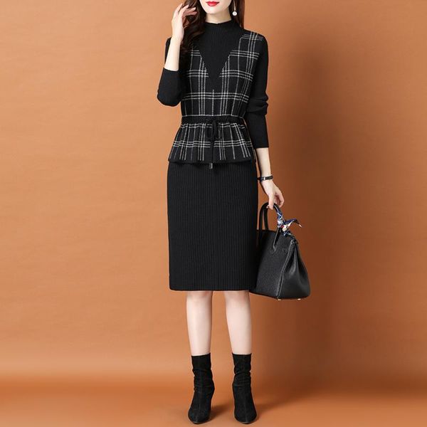 casual dresses 2021 fake two piece high waist drawstring slim sweater dress women autumn winter plaid half neck basis knit, Black;gray
casual dresses 2021 fake two piece high waist drawstring slim sweater dress women autumn winter plaid half neck basis knit, Black;gray