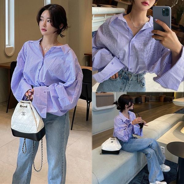 women's t-shirt korean chic french retro ol color vertical stripe lapel loose casual long sleeve shirt with bf wind jacket, White
women's t-shirt korean chic french retro ol color vertical stripe lapel loose casual long sleeve shirt with bf wind jacket, White