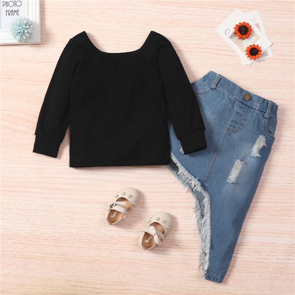 clothing sets 1-6y 2pcs girl\u2021s two piece fashion solid color long sleeve t-shirt and tassel irregular denim skirt clothes outfits, White
clothing sets 1-6y 2pcs girl\u2021s two piece fashion solid color long sleeve t-shirt and tassel irregular denim skirt clothes outfits, White