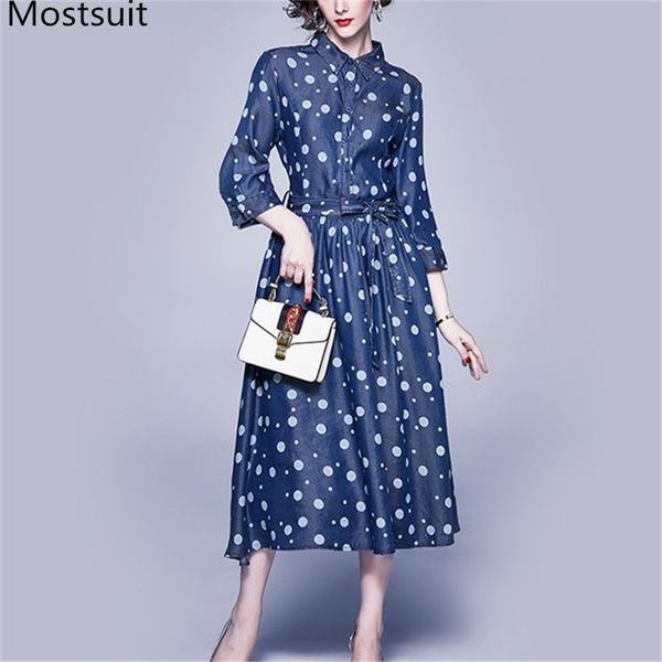 dot printed denim women long dress spring 3/4 sleeve sashes belted shirt dresses elegant party fashion pleated vestidos 210513, Black;gray
dot printed denim women long dress spring 3/4 sleeve sashes belted shirt dresses elegant party fashion pleated vestidos 210513, Black;gray