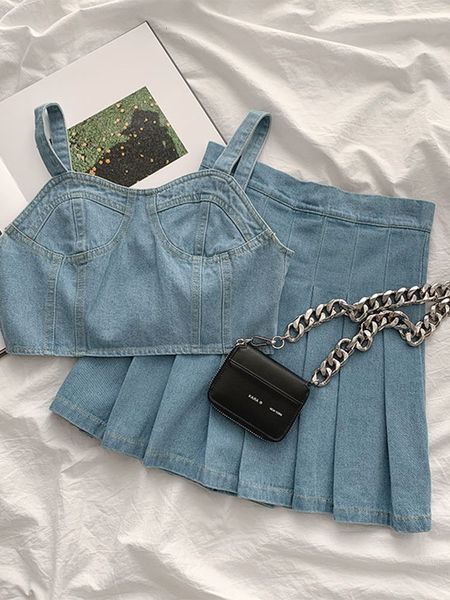 two piece dress suit women's summer 2021 korean design sense of niche foreign fashion denim strap + pleated skirt z0io, White
two piece dress suit women's summer 2021 korean design sense of niche foreign fashion denim strap + pleated skirt z0io, White