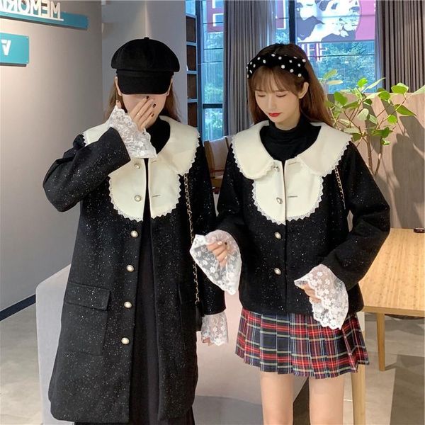 women's wool & blends women winter style retro padded warm doll collar starry sky woolen coat with lace stitching fake two-piece jacket, Black
women's wool & blends women winter style retro padded warm doll collar starry sky woolen coat with lace stitching fake two-piece jacket, Black