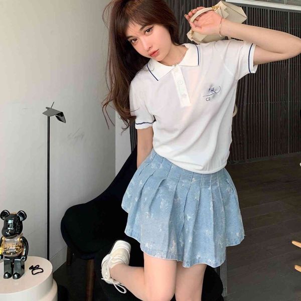 21s spring and summer new ce carriage sleeve t-shirt lapel polo short skirt blue suit trend ins wind net red girl, White
21s spring and summer new ce carriage sleeve t-shirt lapel polo short skirt blue suit trend ins wind net red girl, White