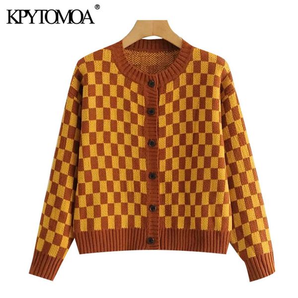 women fashion loose check knitted cardigan sweater vintage long sleeve button-up female outerwear chic 210416, White;black
women fashion loose check knitted cardigan sweater vintage long sleeve button-up female outerwear chic 210416, White;black