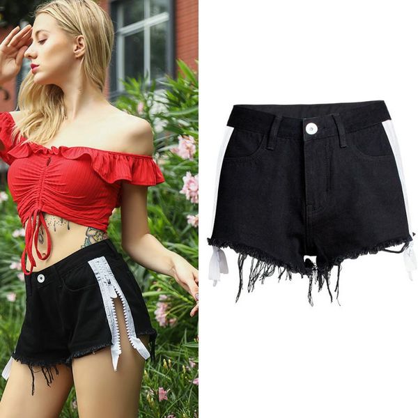 women's shorts side stripe fake zippers summer jeans women fashion tassel burr denim high street pantalon corto mujer 2021, White;black
women's shorts side stripe fake zippers summer jeans women fashion tassel burr denim high street pantalon corto mujer 2021, White;black