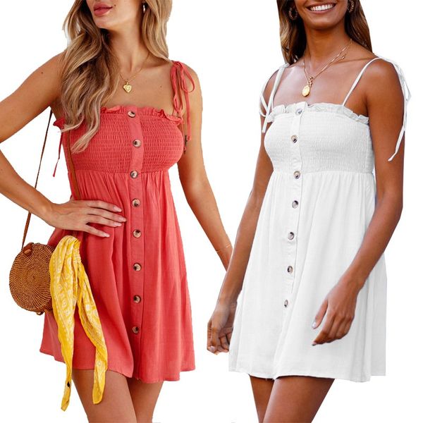 2021 new european and american solid color sleeveless button neck suspender skirt women, White
2021 new european and american solid color sleeveless button neck suspender skirt women, White