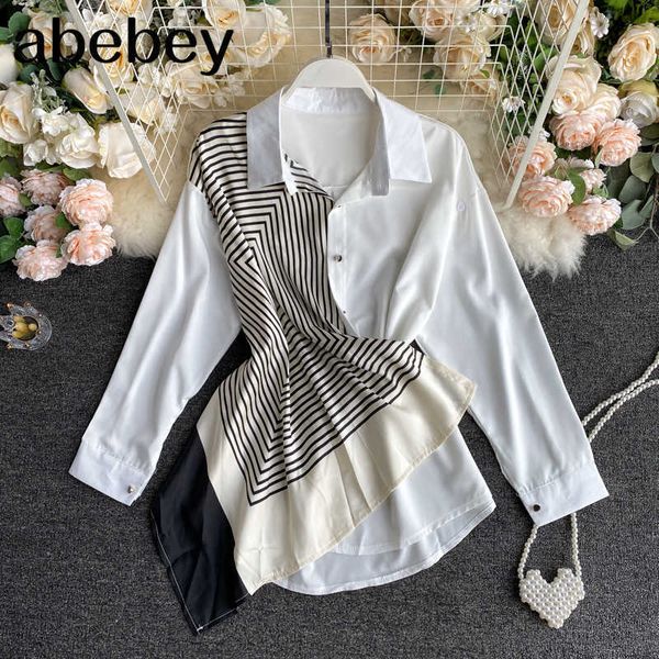 women blouse white collar ladies irregular stitching color contrast long sleeves urban shirt female casual long 210715
women blouse white collar ladies irregular stitching color contrast long sleeves urban shirt female casual long 210715